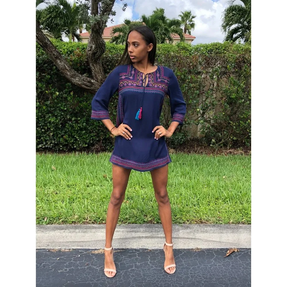 THML Embroidered Shift Dress, Navy - Picture 7 of 7